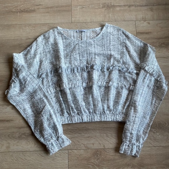 Zara long sleeve crop top silver grey ruffle large as seen on Brec Bessinger - Picture 8 of 14